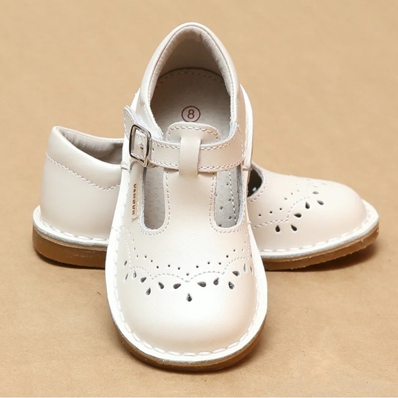 L'Amour Other - L’Amour Girls Ruthie t-strap embroidered stitch Mary Jane in pearl white